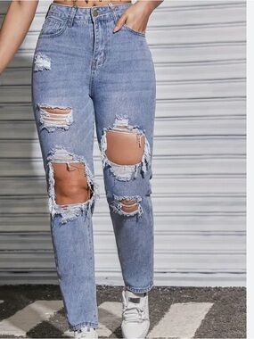 Fashion Nova Light Blue Distressed High-Waist Straight Leg Jeans